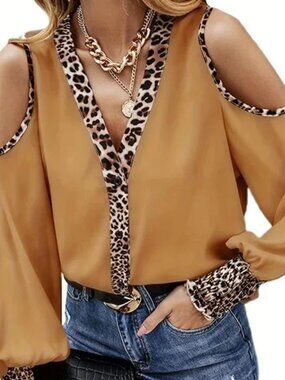 Camel Leopard Trim Cold Shoulder Blouse – Long Sleeve V-Neck Top (1XL)